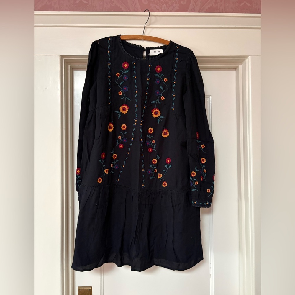 Sézane Black Dress with Colorful Floral Embroidery